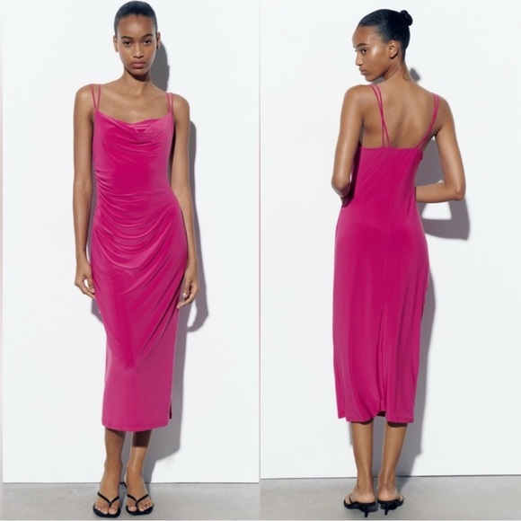 Zara Women’s Draped Neckline Midi Dress Sleeveless Blogger Favorite in Fuchsia M - Picture 1 of 14